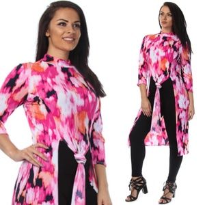 2x Print long sleeve mock neck double slit top